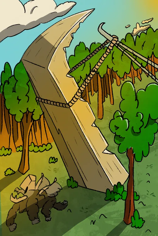 Bonk card: a huge slab of wood crashing down on a creature in a forest