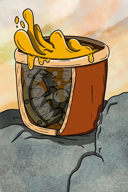 Honeypot card: a pot dripping with honey on a rock