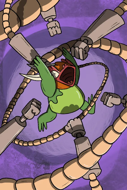 Punching Memories card: a frog caught between mechanical arms on a purple background