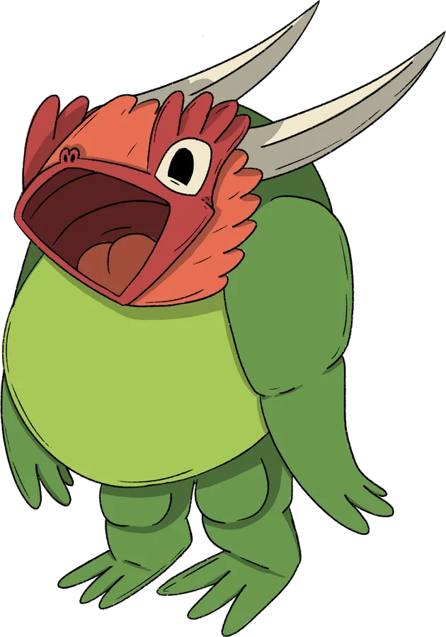 Grammagione, a round green creature with horns and a huge open mouth