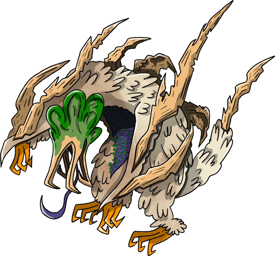 Pochatra, a feathered monster tearing out of a wooden shell